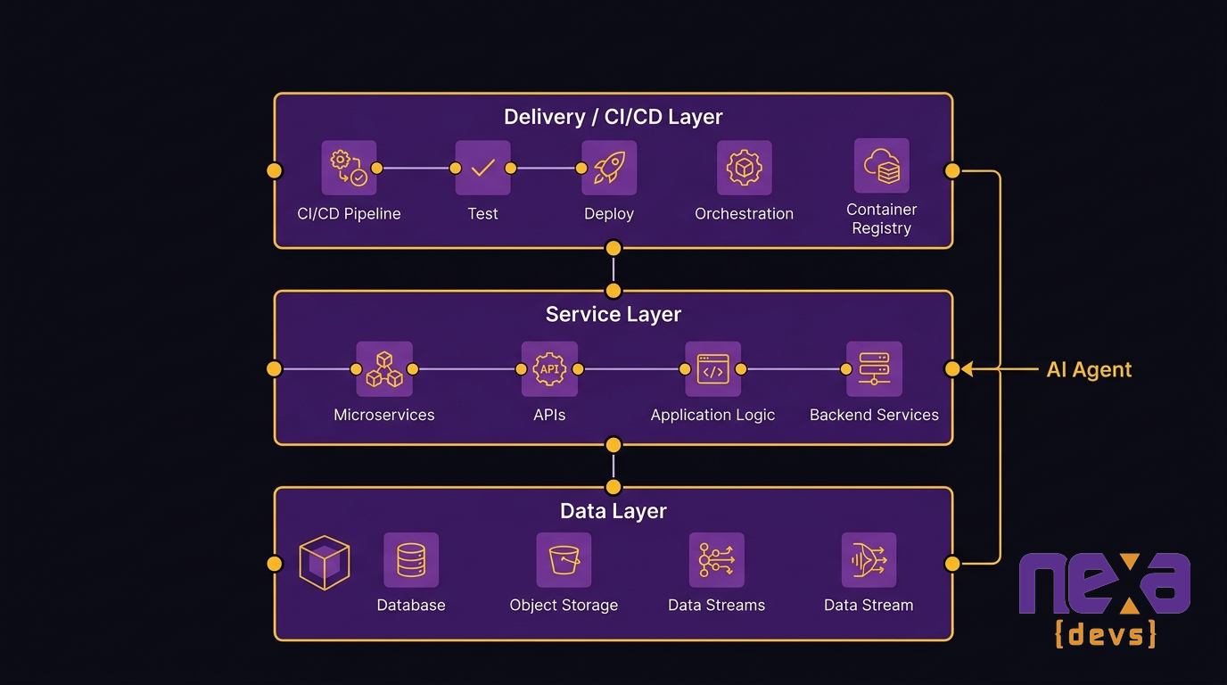 AI-ready architecture layers — data layer, service layer, and CI/CD delivery pipeline