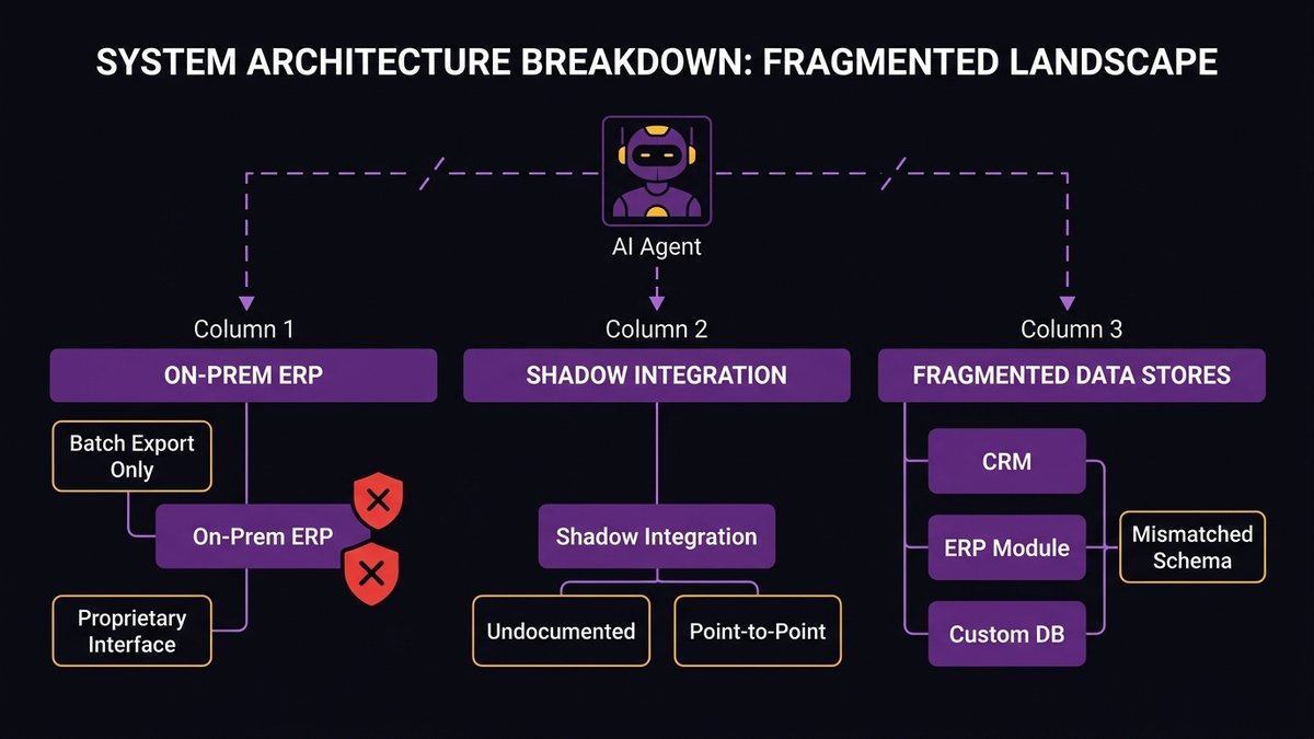 Legacy stack anatomy showing on-prem ERP, undocumented APIs, and fragmented data stores blocking AI agent deployment