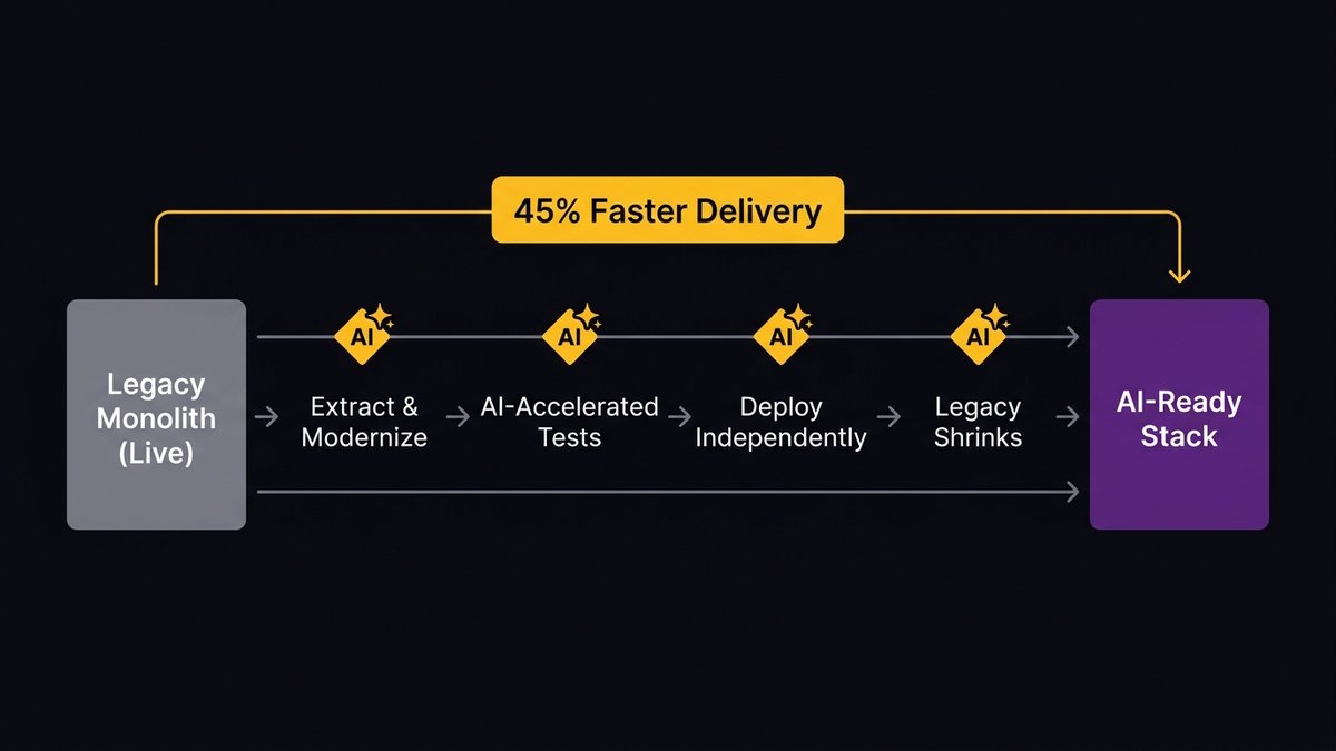 Alt text: AI-augmented modernization process, incremental architecture transformation while keeping legacy system live