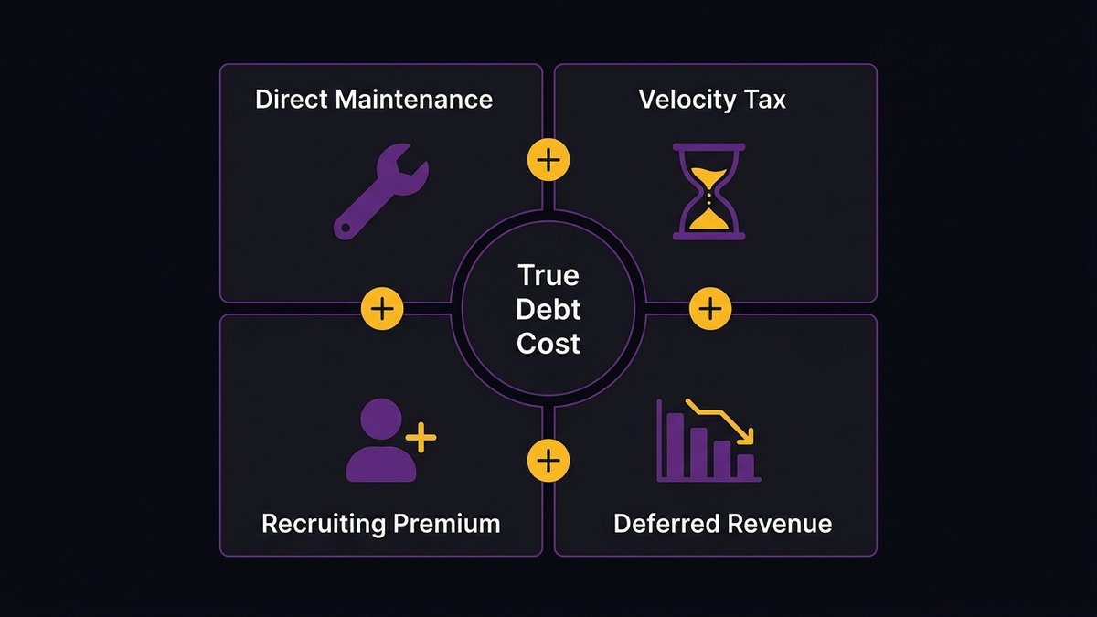 CEO technical debt cost calculation framework showing four categories: direct maintenance, velocity tax, recruiting premium, deferred revenue