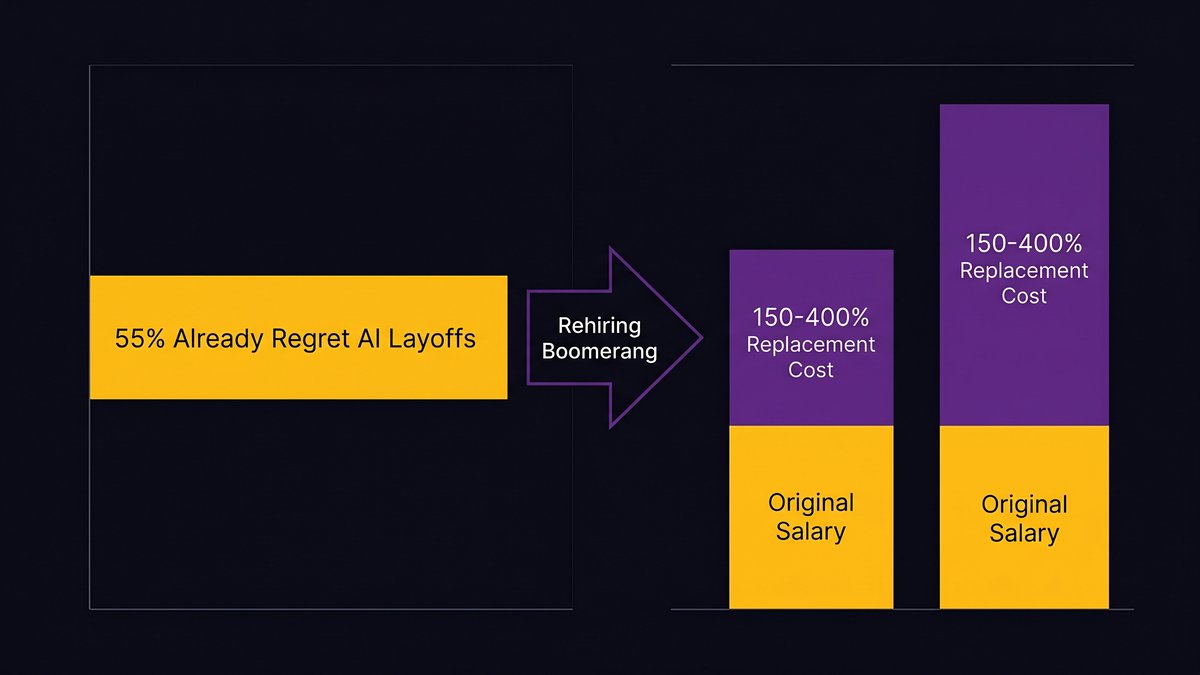 Bar chart comparing AI layoff regret rates and rehiring cost premiums across mid-market sectors