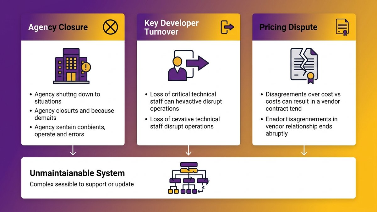 vendor handoff checklist software development -- three disappearance scenarios: agency shutdown, key developer departure, pricing dispute