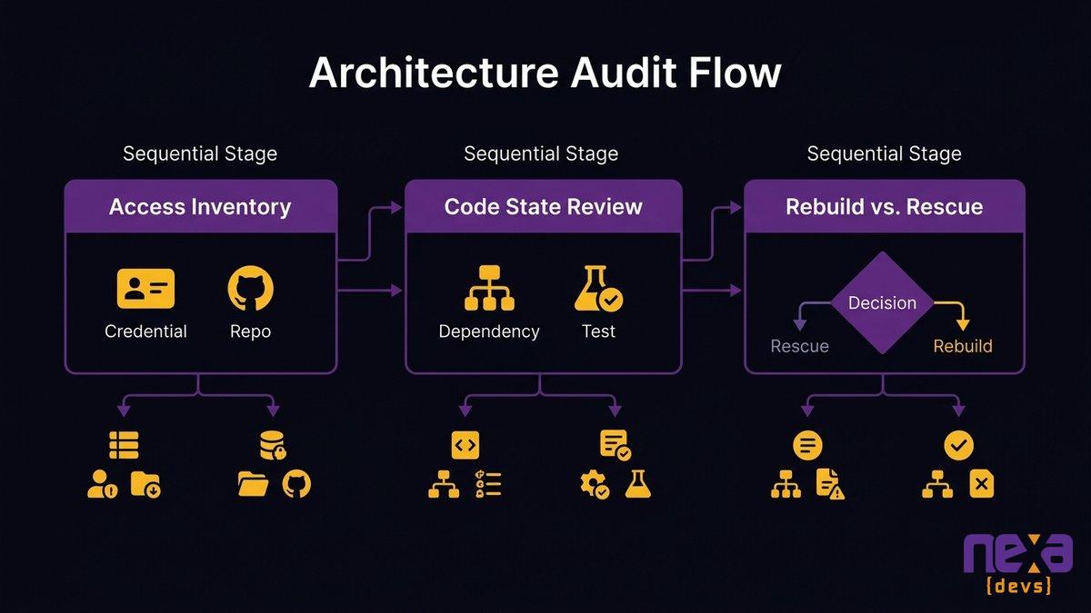 post-disappearance code audit triage showing three stages: access inventory, code state review, and rebuild vs. rescue assessment