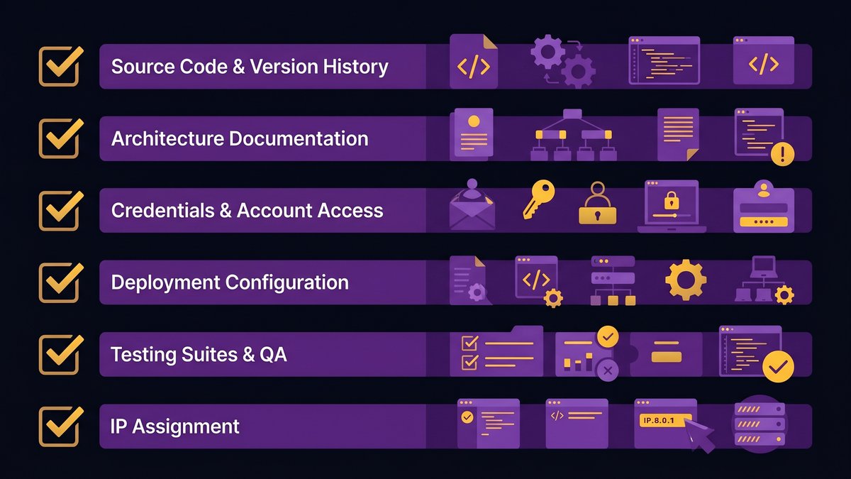 complete software handover checklist covering source code, architecture documentation, credentials, deployment, testing, and IP transfer