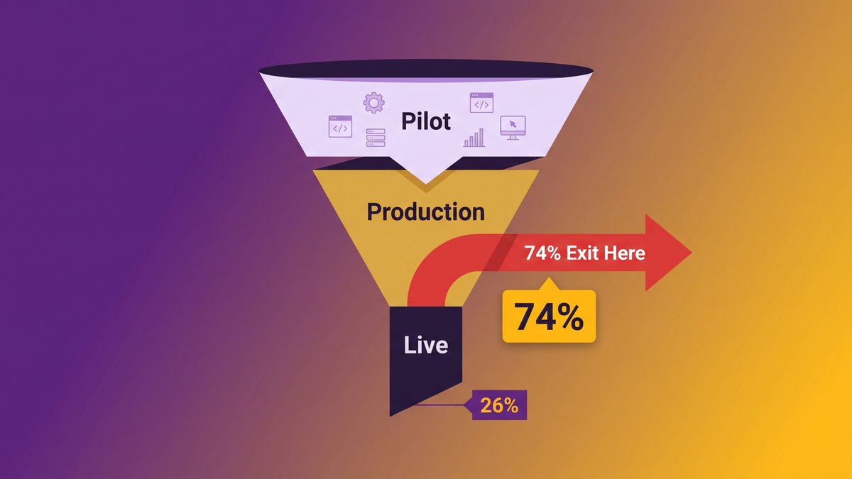 Enterprise AI agents production failure funnel showing the path from pilot to rollback, with 74% exiting at the production stage