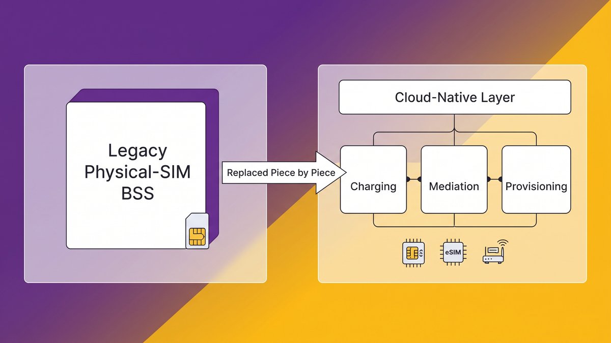 MVNO billing modernization diagram comparing legacy physical-SIM BSS to cloud-native eSIM and IoT billing architecture