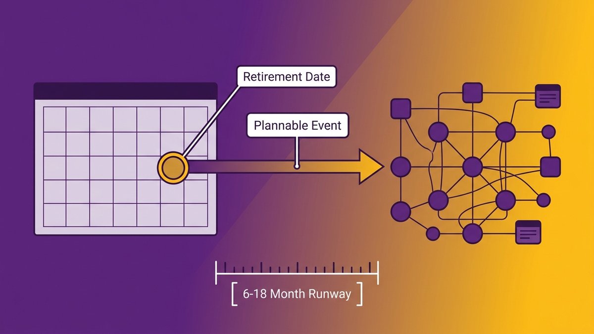 A calendar with a highlighted retirement date next to a legacy codebase diagram, symbolizing institutional knowledge loss as a plannable event