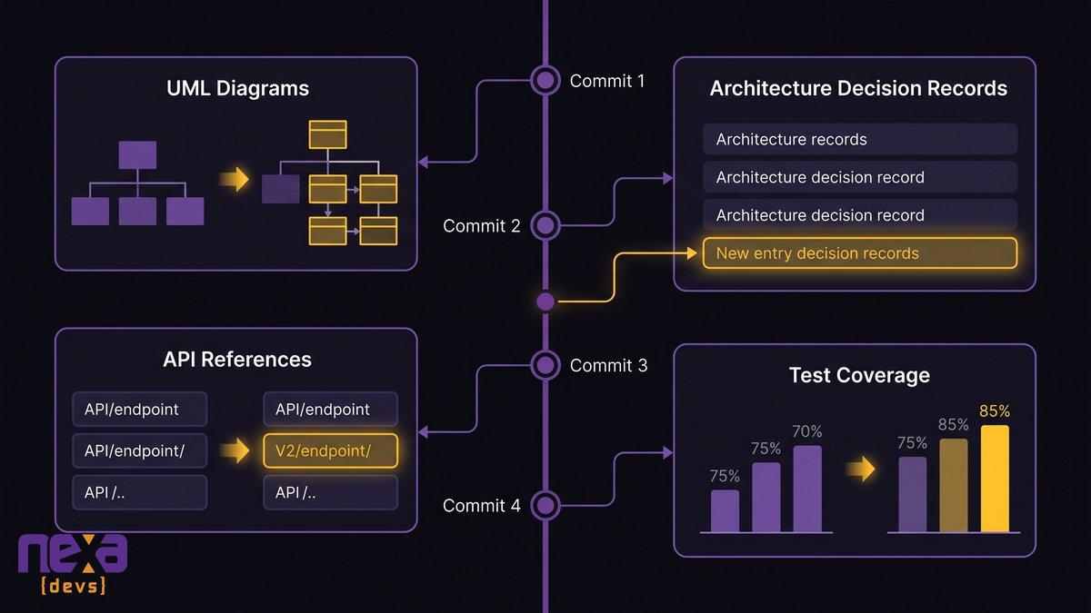 A living documentation dashboard showing UML diagrams, architecture decision records, and test coverage updating alongside code commits