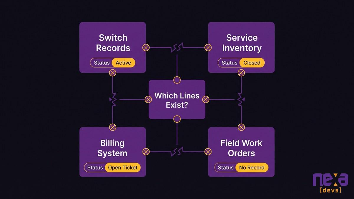 Four disconnected telecom systems showing conflicting line inventory records