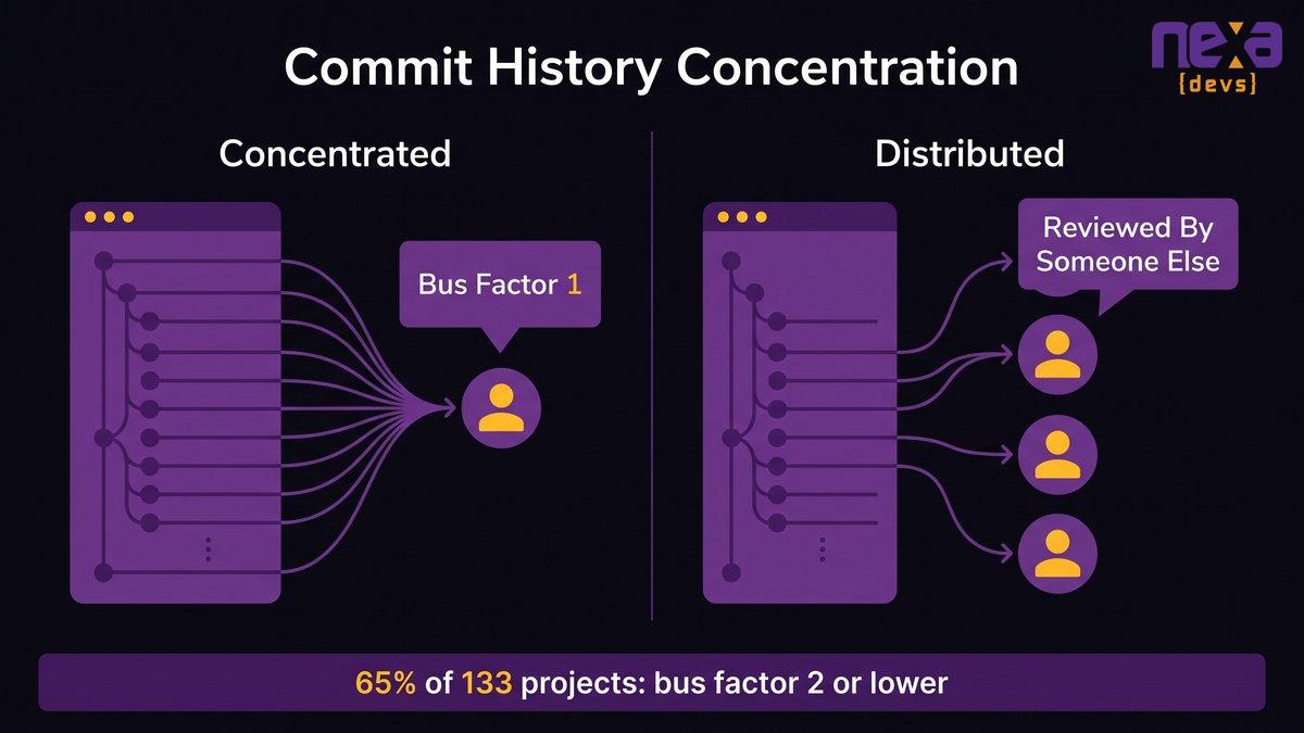 Diagram showing commit history concentrated in one developer versus distributed across a team